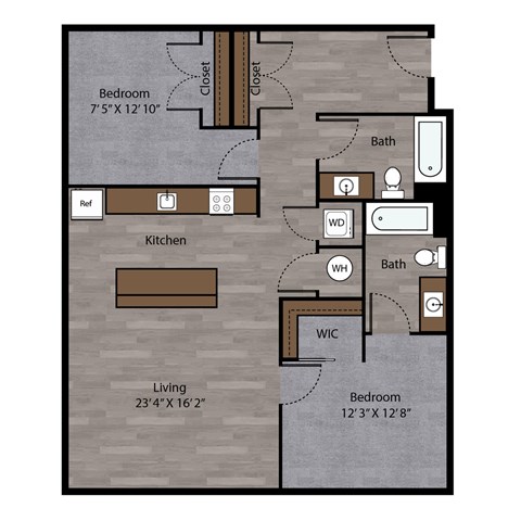 Floor plan for 2 beds, 2 baths, 1013 sqft